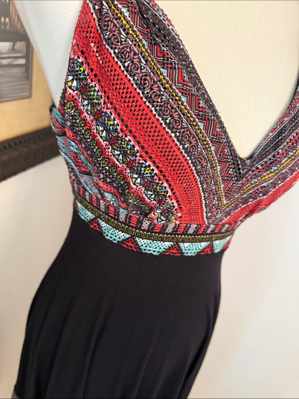 American Rag Black Asymmetrical Dress with Red Patterned Bodice - Picture 2 of 4